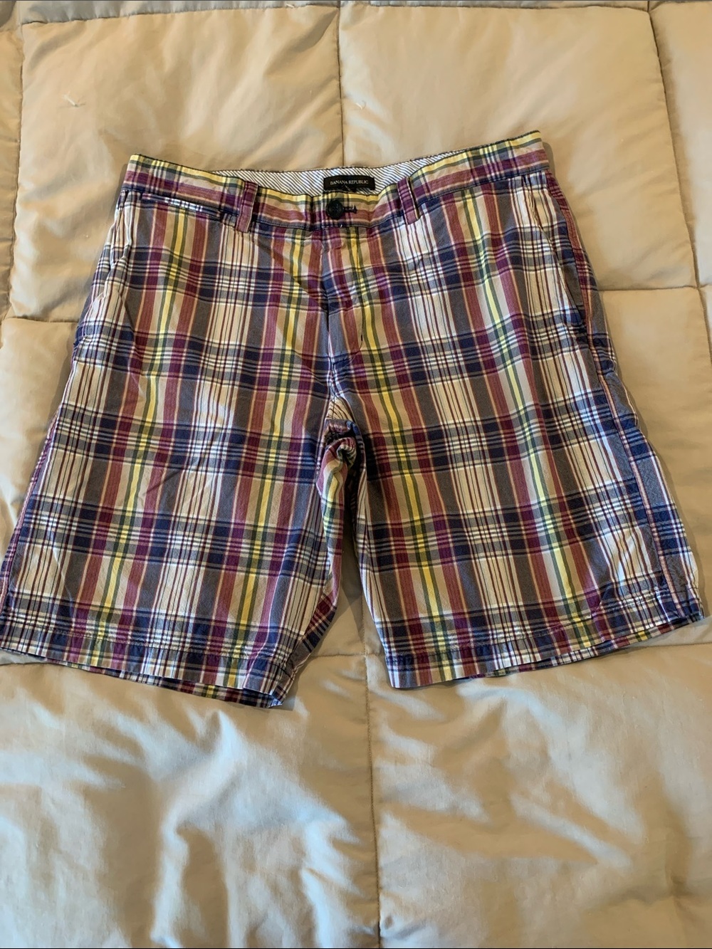 Banana Republic Plaid Flat-Front Shorts -Vintage Inspired Multi-Colored Waist 35